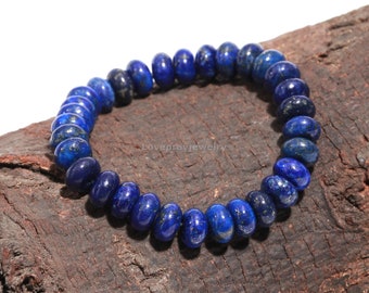 Lapis Lazuli Bracelet, Natural Lapis Lazuli Smooth Rondelle Gemstone Beaded Bracelet, Crystal Bracelet, Positive Energy, Stretchy Bracelet