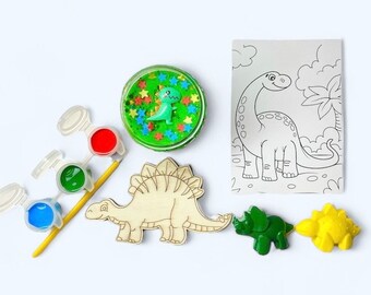 Dinosaur busy bag, Playdough, PYO kit, crayons, craft kit