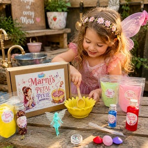 May include: A Marni's Petal & Pixie Potion Kit box, a yellow flower-shaped bowl, a wooden spoon, a small turquoise fairy figurine, clear pouches of coloured powders, small bottles of liquid, a plastic dropper, and three colourful plastic gems.