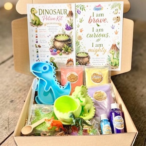 May include: A dinosaur-themed potion kit in a cardboard box containing a blue dinosaur-shaped tray, a light green dinosaur figure, small plastic bottles of liquid, packets of coloured powder, a wooden spoon, a dropper, and two instruction cards.