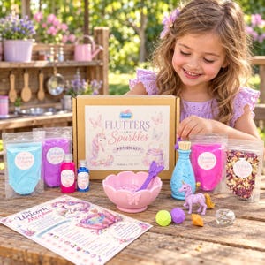May include: A Flutters and Sparkles potion kit featuring a cardboard box with a unicorn illustration, a pink bowl, a blue potion bottle, a small purple unicorn figurine, various colourful powders in pouches, dried flowers, and a recipe card.