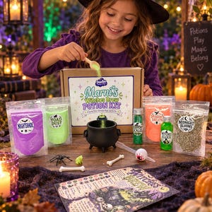 May include: A Marni's Witches Brew Potion Kit featuring a black plastic cauldron, a wooden scoop, and several clear pouches labelled Nightshade, Toad Dust, Dragon's Breath, and Midnight Blooms, alongside a glass bottle of Witches Elixir and a potion recipe card.