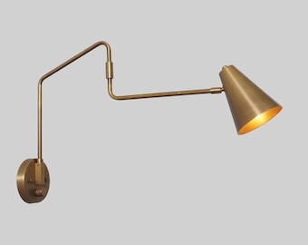 Modern Brass Wall Sconce Adjustable Arm Lamp, Scandinavian Cone Shade Wall Light, Bedside Reading Lamp, Living Room Accent Light
