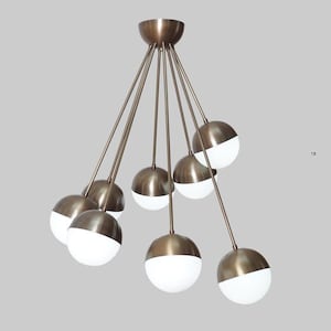 Brass Sputnik Chandelier: Eight Glass Globes, Mid Century Modern Pendant Light