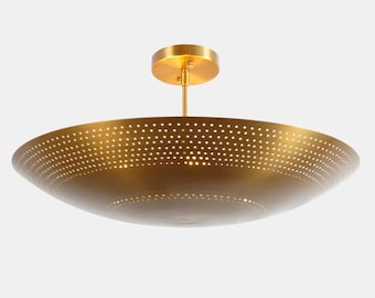 Moderne Messing-Deckenleuchte, Gold Semi Flush Kronleuchter, perforierte Metallschale Leuchte, minimalistische Deckenleuchte