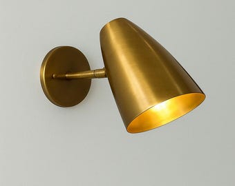 Modern Brass Wall Sconce Light Fixture, Mid Century Wall Lamp, Adjustable Cone Shade Wall Light, Gold Bedroom Reading Lamp, Minimalist Light