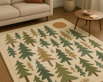 Hand-Tufted Wool Area Rug – Forest Tree Design, Woodland Decor