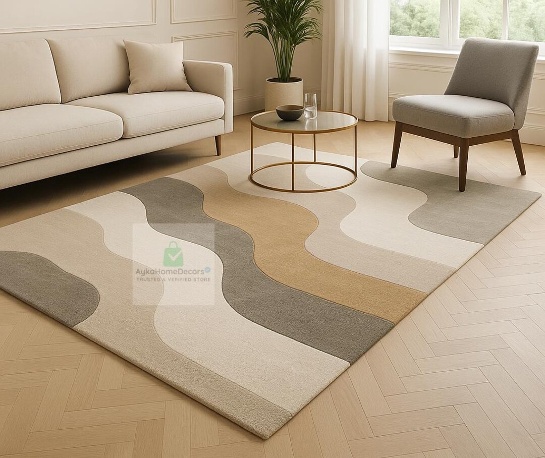 Hand Tufted Wool Area Rug | Modern Abstract Wavy Design - Etsy