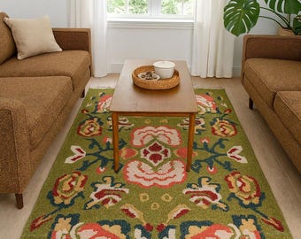 Floral Kilim Wool Rug | Green Turkish Area Carpet