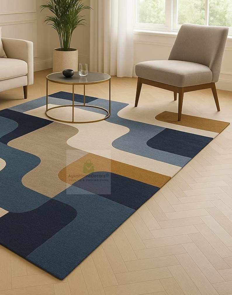 Hand Tufted Wool Area Rug | Blue Beige Geometric Carpet - Etsy