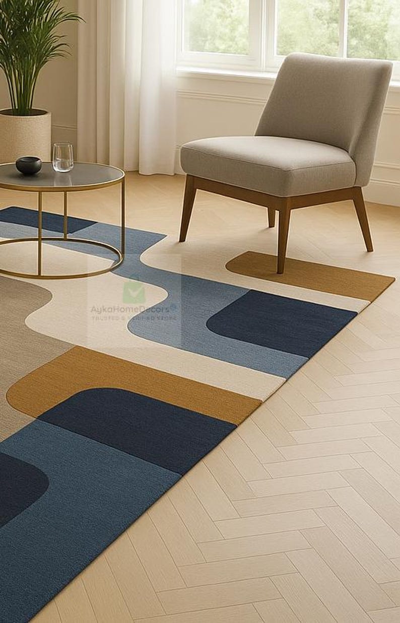 Hand Tufted Wool Area Rug | Blue Beige Geometric Carpet - Etsy
