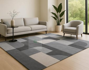 Grey Geometric Wool Rug | Hand-Tufted Abstract Area Carpet