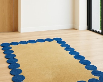 Hand-Tufted Wool Scalloped Rug | Blue Circle Border, Modern Boho Decor