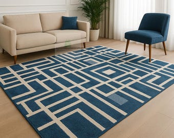 Hand-Tufted Wool Rug | Navy Blue Geometric Abstract Carpet