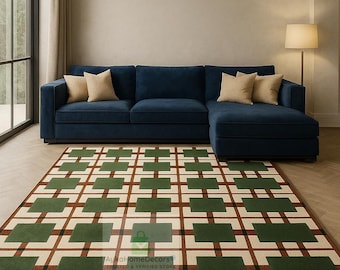 Groen geruit wollen vloerkleed – handgetuft geometrisch tapijt