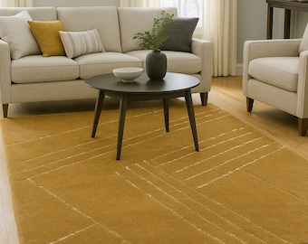 Hand Tufted Wool Rug, Mustard Yellow Geometric Carpet, Modern Living Room Decor