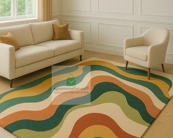 Hand-Tufted Wool Rug, Multicolor Wavy Pattern, Contemporary Decor