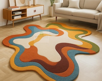 Hand-Tufted Wool Area Rug | Irregular Wavy, Multicolor, Abstract