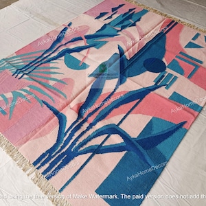 6x9 Abstract Kilim Rug | Handmade Wool Flat Weave Rug | Pink and Blue Geometric Area Rug | Boho Aesthetic Rug for Living Room & Bedroom |
