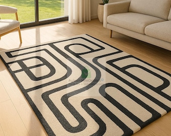 Hand-Tufted Wool Area Rug - Modern Geometric Black & White Carpet