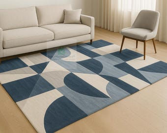 Geometrisk ullmatta, blågrå beige, handgjord matta