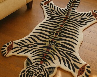 Tiger Shaped Wool Rug – Hand Tufted Animal Carpet | Jungle Theme Boho Floor Decor”
