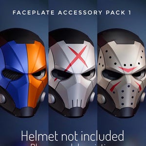 May include: Three faceplate accessories with distinct designs. One is blue and orange, another is silver with a red X, and the third is silver with red accents. The text "FACEPLATE ACCESSORY PACK 1" is at the top. The text "Helmet not included Please read description" is at the bottom.