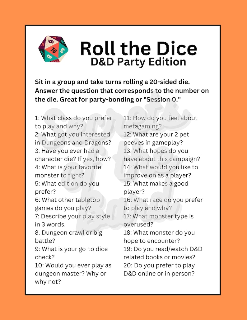 D&D Themed Roll the Dice Icebreaker Game - Etsy