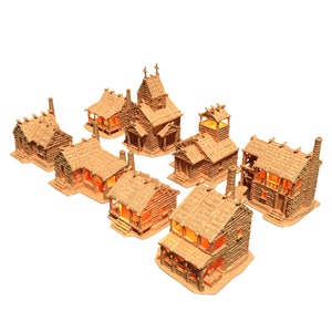 Kolekcja Forest Cabins DnD Teren, 8 Budynków w Stylu Domków z Bali, Miniatureland