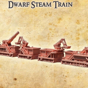 May include: A red Dwarf Steam Train model with multiple cars, including a locomotive, cargo cars, and a crane car. The model is detailed with ladders, platforms, and other mechanical features. The text "Dwarf Steam Train" is at the top.