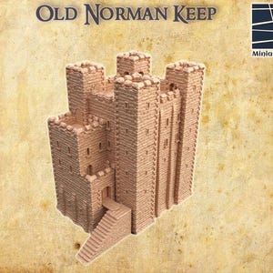 May include: A miniature model of an "Old Norman Keep" castle, featuring a light brown color. The castle has multiple towers, battlements, and a staircase leading to an entrance. The model is designed for miniature land displays.