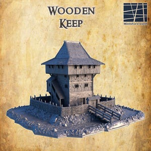 May include: A detailed model of a wooden keep, featuring a multi-level tower with a sloped roof, wooden walls, and a surrounding fence. The model includes a bridge and is set on a rocky base. The text "WOODEN KEEP" is displayed at the top.