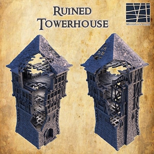 3D Printed Ruined Tower House | Fantasy Tabletop Terrain for DnD, RPG & Wargaming | Gray PLA Miniature Building, Dnd Ruins Terrain