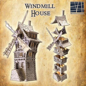May include: A miniature windmill house model with the text "Windmill House". The model is gray and beige, with detailed architectural features, including a stone base, wooden beams, and a rotating windmill. The image also shows an exploded view of the model.