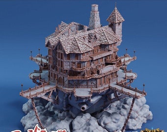 May include: A 3D printed model of a cloudtop tavern, a multi-level building with a stone chimney and a tower. The tavern is suspended in the air by chains and is surrounded by clouds. The model is printed in a light grey colour with brown accents. The image includes the text "CLOUDTOP TAVERN" and "ARCANE MINAS SKIES OF ORDAIN".