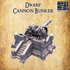 May include: A gray Dwarf Cannon Bunker miniature with the text "Dwarf Cannon Bunker." The miniature features a cannon, gears, and a stone structure with stairs. The Miniature Land logo is in the upper right corner.