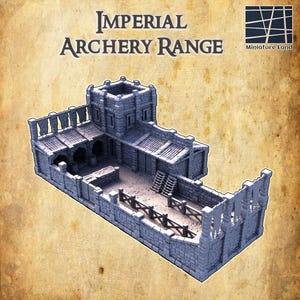 May include: A miniature stone Imperial Archery Range model. The model features a multi-level design with a tower, walls, and a fenced-in area. The text "IMPERIAL ARCHERY RANGE" is displayed at the top. The model is made of gray stone.