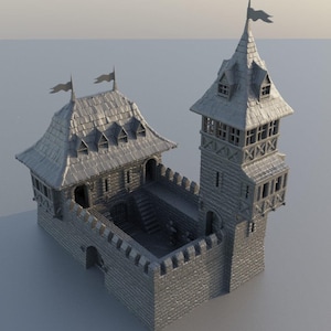 Puede incluir: Modelo en miniatura de castillo gris detallado. El castillo presenta múltiples torres, almenas y un patio central con escaleras. Pequeñas banderas adornan los tejados, evocando un tema medieval.