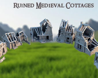 Cabañas medievales en ruinas / Terreno de mesa impreso en 3D para D&D, RPG y juegos de guerra / Terreno medieval, regalos para Dungeon Master, escenografía de RPG