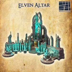 Altar élfico / Terreno de santuario mágico de fantasía impreso en 3D para juegos de mesa DnD y RPG / Escenografía en miniatura sin pintar, terreno élfico