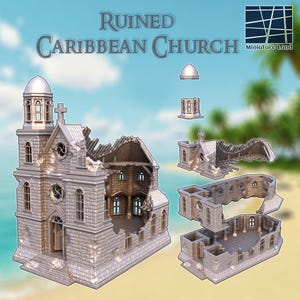 Ruined Caribbean Church | 3D Printed Tabletop Terrain for RPG and DnD Gaming | Dnd Terrain, Dnd Accessories, Ruins Terrain, Ruined Church