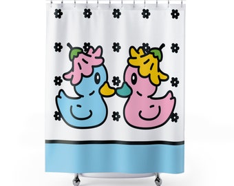 Duck Shower Curtain Rubber Ducky Kids Bathroom Decor Duck Shower Curtain Brother Sister Blue and Pink Shower Curtain