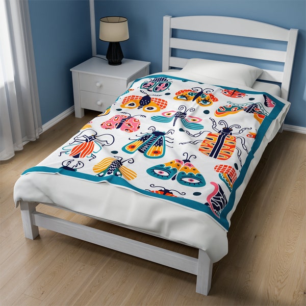 Beetle Velveteen Plush Blanket, Throw Blanket -Boho Colorful Home Décor - Insect Pattern Blanket - Beetles Artwork for Home Living Room