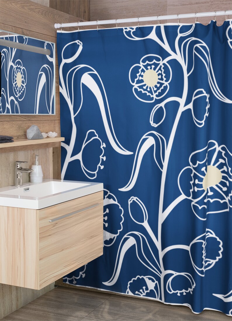 Blue Navy, White & Beige Wildflower Shower Curtain, Modern Bath Decor