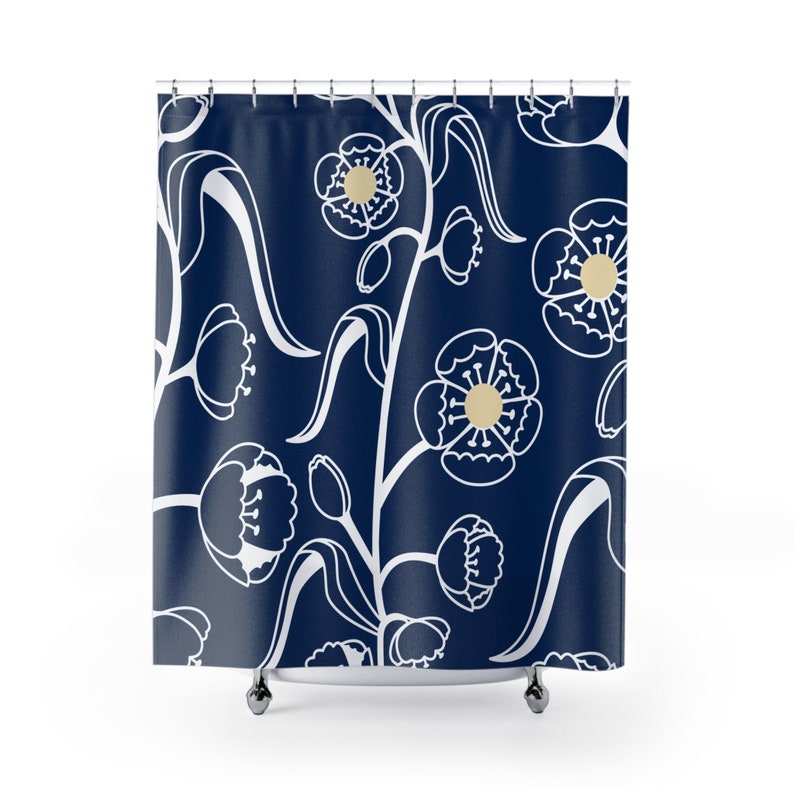 Blue Navy, White & Beige Wildflower Shower Curtain, Modern Bath Decor