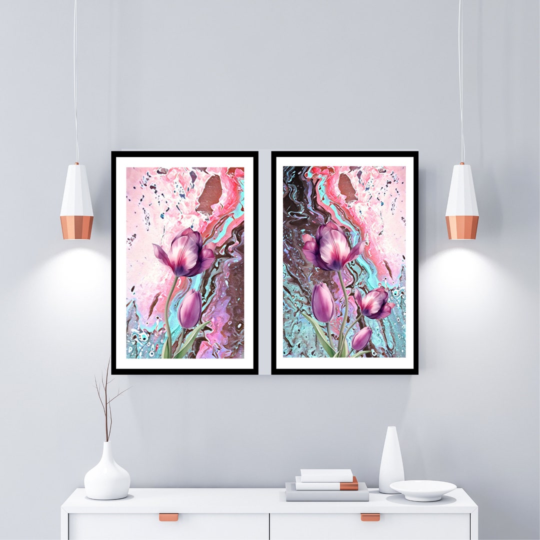 2 Piece Wall Art Watercolor Abstract Splash Pink & Green Tulips Floral ...