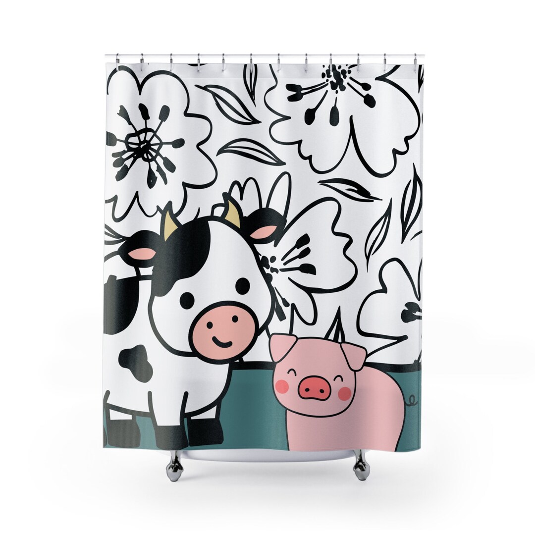 Farmhouse Shower Curtain, Kids Bathroom, Rustic Farmhouse, Animal Charm