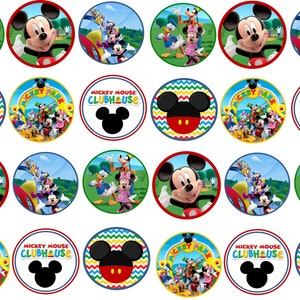 May include: A set of 16 round cupcake toppers featuring Mickey Mouse Clubhouse characters. The toppers feature Mickey Mouse, Minnie Mouse, Donald Duck, Goofy, Pluto, and other characters from the show. The toppers are printed on high-quality cardstock and are perfect for adding a touch of fun to your next party.