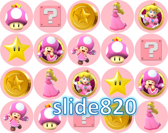Papel de azúcar (Mario Bros y Princesas) 20 imágenes de 1.81 pulgadas en círculo