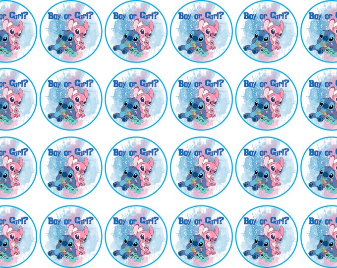 Gelatin-only transfer printed on multipurpose bond paper (Stitch and Angel Gender Reveal) 24 1.5-inch round